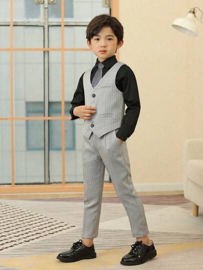 新款男童西装正式服装，适合钢琴表演、婚礼、花童装，条纹三件套：背心+裤子+领带