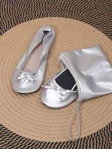 Women's Soft & Comfortable Foldable Ballet Flats With Round Toe, Thin Sole, Slip-On Design, Includes Matching Storage Bag, Suitable For All Seasons - Silver - View 3