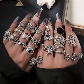 24st/set Punk Gothic Rings Set Silver Färg Skelett Spider Poker Joker Eyes Hjärtringar För män Mode Hip Hop Smycken Presenter