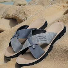 2025 New Men's Blue And Gray Color Block Slide Sandals, Letter Logo Criss-Cross Strap Anti-Slip Lightweight Beach Outdoor Casual Breathable Slippers - Blue - View 5