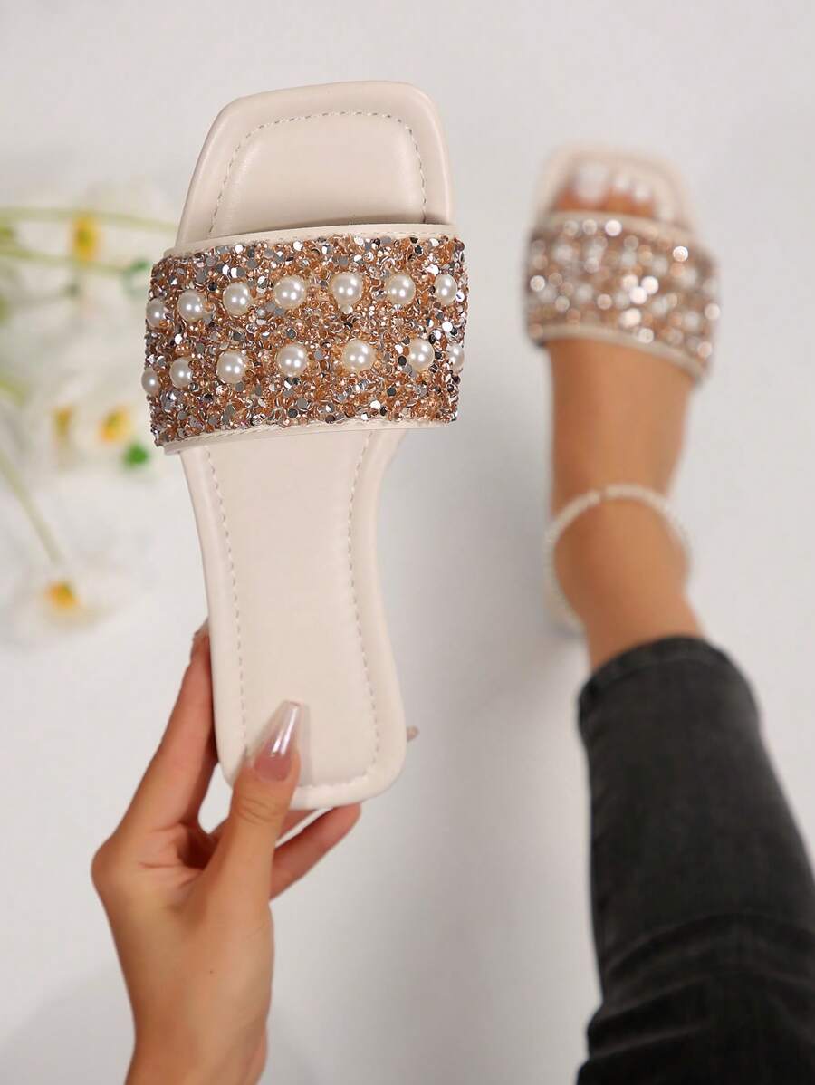 Fashionable & Luxury Women Pearl & Rhinestone Decorated Flat Mules, Square Toe Comfortable Slip On Flats, Multiple Colors Suitable For Stylish Outfits