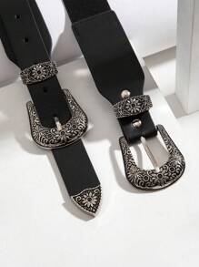 1 chiếc thắt lưng co giãn hai khóa kiểu dáng cao bồi miền Tây dành cho nữ, thích hợp mặc hàng ngày mùa hè, mùa thu, mùa đông, Halloween - màu đen - Xem 3