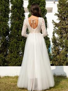 Colour Of Skin Open-Back Round Neck Vintage Long Sleeve Minimalist Mesh Maxi Wedding Dress, White, Cheap Elegant Bridal Dress,Bride - 白色 - 查看 2