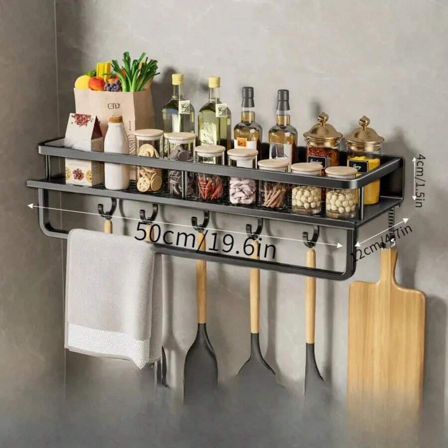 Kitchen Shelf Spice Storage Rack Wall-Mounted Kitchen Spatula Spoon Hook Towel Bar Suitable Kitchen And Bathroom Item Storage - 50cm Black Hook Rod - View 1