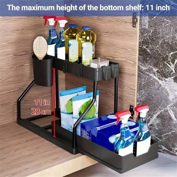 Organizador de fregadero de 2 niveles, estantería extraíble en forma de R para almacenamiento debajo del fregadero en baño/cocina, soporte de doble capa sin necesidad de hacer agujeros