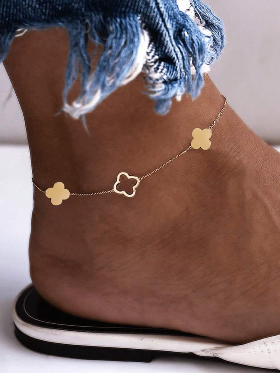 1pc Lucky Clover Leaf Pendant Anklet, Stainless Steel Material, 18K Gold Plated, Elegant & Fashionable, Suitable As Gift, Daily Wear, Beach Vacation Accessory - Gold - View 1