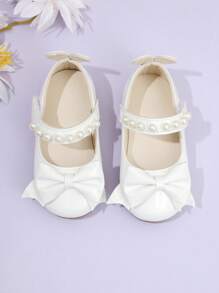 Scarpe da principessa per ragazze con decorazione a fiocco in PU e lacci con finte perle, versatili per uso interno ed esterno, di moda