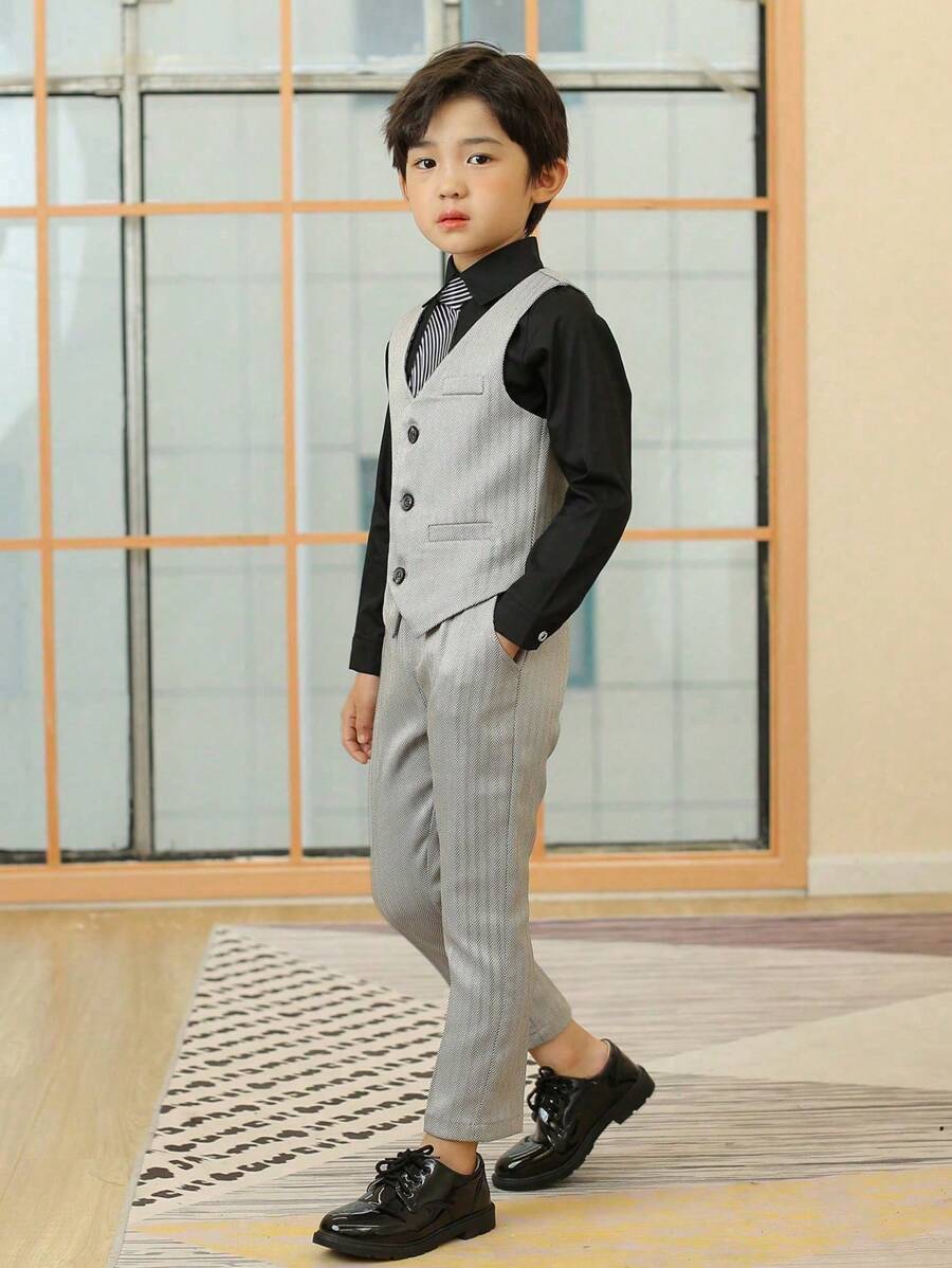 New Boys' Suit Set, Flower Boy Wedding Outfit, Performance Costume, British Style Boys' Performance Suit 3 Pieces Set With Vest, Pants And Tie