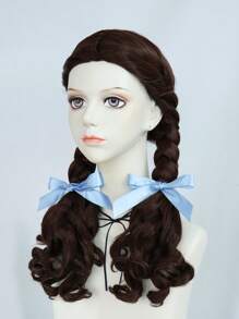 棕色中长双编织角色扮演假发带蓝色蝴蝶结，女士游戏角色假发适用于万圣节派对服装学校狂欢节音乐会度假摄影主题活动动漫展日常穿着和 1 件假发帽 - 棕色 - 查看 4