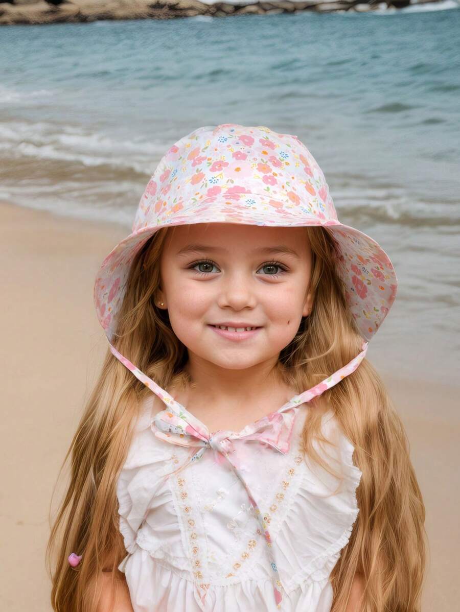1 pieza Sombrero de sol con estampado de dibujos animados para niñas/niños mayores, sombrero tipo cubo de unicolor simple y ligero con circunferencia ajustable y cordón para el viento, adecuado para primavera y verano - 1PC - Ver 1