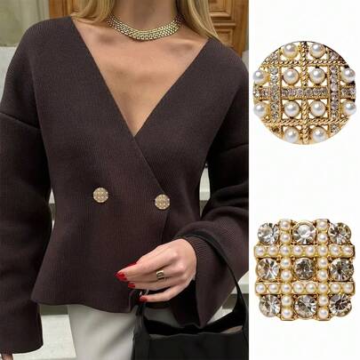 闪亮水钻珍珠纽扣 10 件装 - 网格水晶金属纽扣适用于外套、夹克、西装外套、连衣裙、开衫 - 女士服装和 DIY 工艺品的优质缝纫用品（圆形/方形）