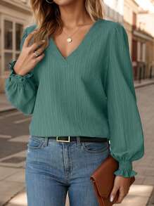 SANOPY Womens Blouses,Blouses For Women Dressy Casual,Long Sleeve Blouses For Women,Women's V-Neck Casual Cuff Shirt - màu xanh lá - Xem 3