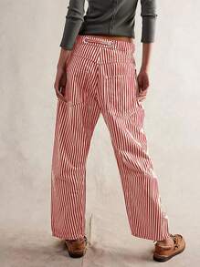 Women Striped Pants, Elastic Waist Drawstring Patchwork Wide Leg Pants Loose Trousers with Pockets - Burdeos - Ver 4