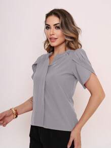 MARILYN MONNA Novo Blusa Feminina cor sólida Pétala Manga Com Decote Em V Verão Design de decote requintado - Cinza - Visão 4