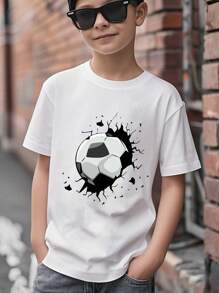 1 chiếc áo thun ngắn tay in hình bóng đá World Cup cho bé trai, trang phục thường ngày cho học sinh, áo mùa hè cho bé trai. - trắng - Xem 4