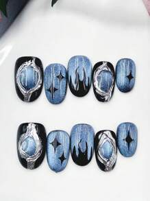 10 pièces d'ongles ovales portables faits à la main, conçus dans un style contrastant bleu foncé multicolore, avec des motifs d'yeux de chat de luxe légers et de flammes, convenant à l'utilisation quotidienne par les femmes de différents styles, et pouvant être offerts en cadeau