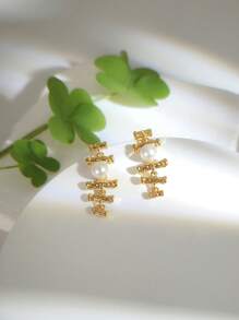 1 par de pendientes de plata 925 con forma de rama de madera y perla en relieve en capas, adecuados para el uso diario de las mujeres y para dar forma al rostro