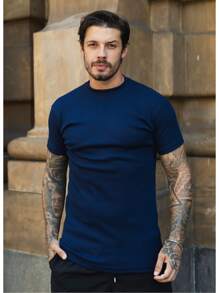 Slim Ribbed Plain Basic American Style Streetwear Fitted Ribbed T-Shirt - 藏蓝色 - 查看 1