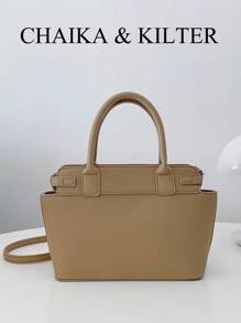 1 件 CHAIKA & KILTER 纯色 PU 皮革手提包，女士时尚荔枝纹理水桶包配腰带装饰，双提手设计，拉链开合，可拆卸可调节肩带，适合日常和户外使用（随吊坠出售） - 卡其色 - 查看 7