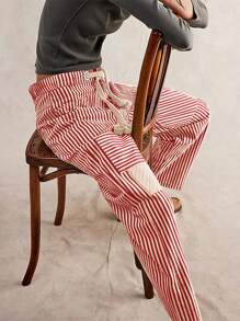 Women Striped Pants, Elastic Waist Drawstring Patchwork Wide Leg Pants Loose Trousers with Pockets - Burdeos - Ver 3
