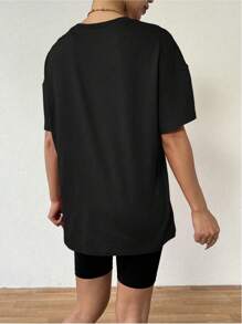 VaVaLuxe Loose Fit Oversized Basic Drop Shoulder T-Shirt Graphic Tees Women Tops - 黑色 - 查看 2