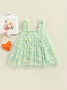 Vestido de princesa para niñas pequeñas, con bordado de margaritas y frutas, sin mangas, informal, de verano, de malla y tul, esponjoso - Verde - Ver 4
