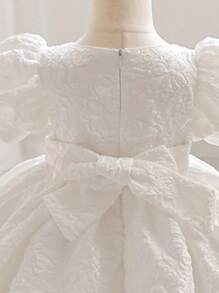 Baby Girl Elegant White Princess Dress With Flower & Bow Decor, Flower Girl Formal Dress For Wedding, Party, Birthday, Christening, Mother's Day, Summer - White - View 11