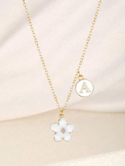 1 pieza Collar con colgante de flor de cinco hojas y letra, estilo dulce y de moda, adecuado para niños, niñas, familia, amigos, regalo de joyería de Año Nuevo, decoración diaria
