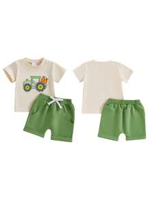 Kid's Summer Style Boys' Tractor Embroidered Short Sleeve Tops With Solid Color Shorts Sets - Green - View 4