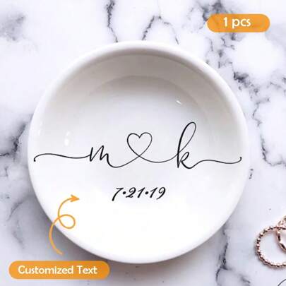 1pc Ceramic Round Jewelry Tray, Customized Jewelry Dish For Wedding, Engagement, Proposal, Birthday Gift, Anniversary Gift, Wedding Gift, Engagement Gift, Personalized Ring Dish, Engagement Ring Tray, Couple Gift, Bride Gift, Engagement Gift For Her, Ring Holder