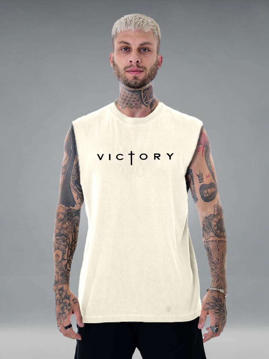 Oversized T-Shirt Victory Tank Top Over Streetwear Shirt Men Unisex Shirt Gym Workout Loose Summer Cotton Printed T-Shirt - 奶油色 - 查看 1