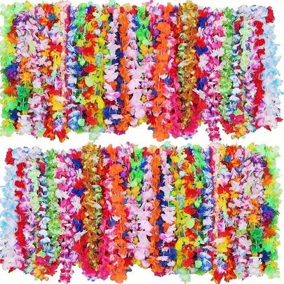 50pcs Hawaii Garland Necklace Tropical Hawaii Flower Theme Party Favors Headbands Holiday Wedding Beach Birthday Decorations Party Supplies Wreaths Headbands Holiday Wedding Beach Birthday Decorations (Random Color)