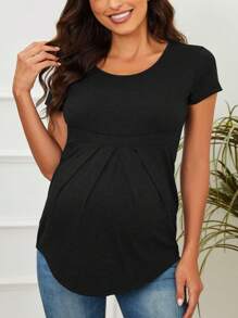 Women's Maternity Tops Short Sleeve Round Neck Front Pleat Peplum Tunic Top Pregnancy Casual T Shirts - màu đen - Xem 2