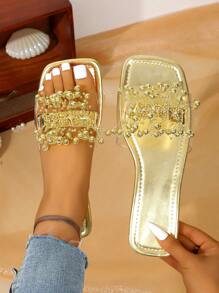 Women's Shoes Decorated With Shiny Pearls, Casual Shoes, Flat Sandals, Light Beach Sandals - Gold - View 3