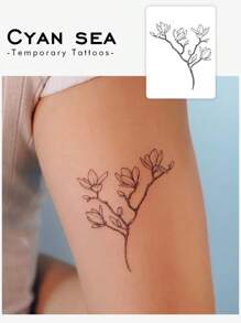 Cyan sea 1pc Waterproof, Sweat-Proof, Non-Reflective Temporary Black Flower Tattoo, Suitable For Daily Use