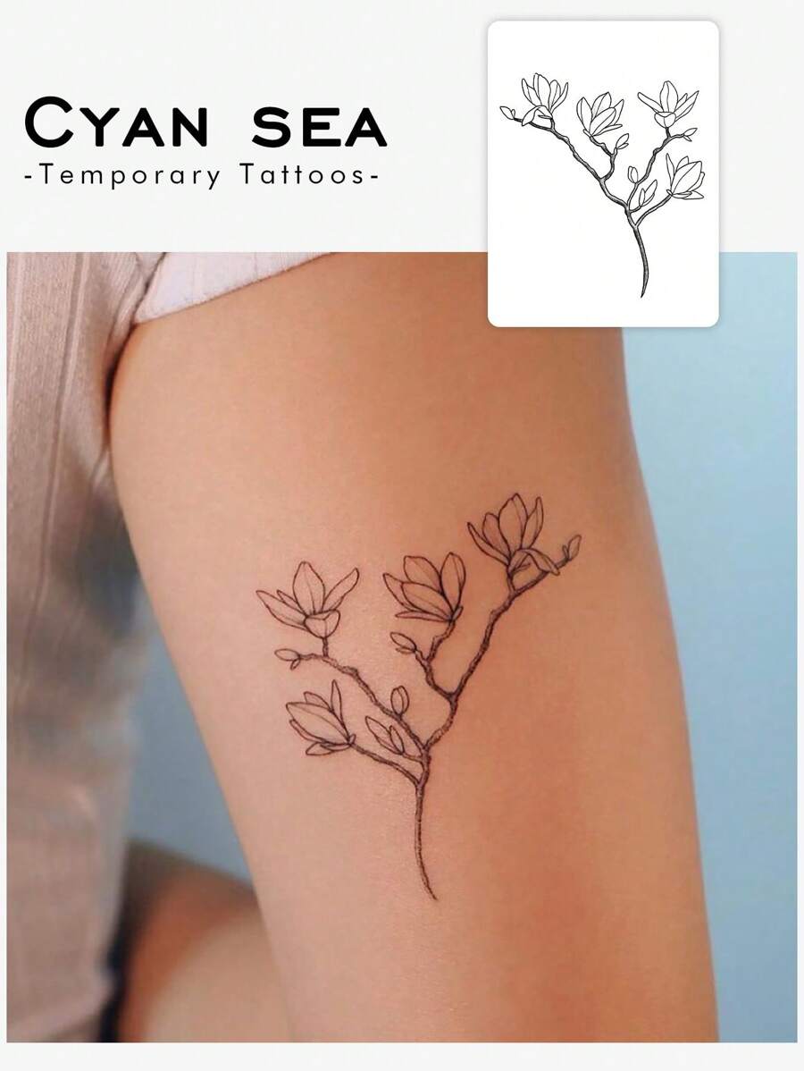 Cyan sea 1pc Waterproof, Sweat-Proof, Non-Reflective Temporary Black Flower Tattoo, Suitable For Daily Use
