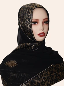 1pc Women Hijab Fashion Sequin Patchwork Leopard Print Scarf, Decorated With -Style Rhinestones, High-End Long Shawl, Suitable For Abaya