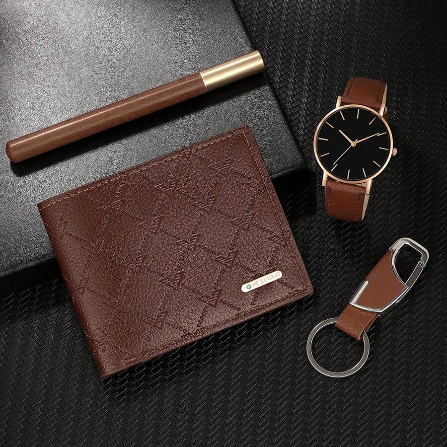 Juego de 4 piezas: reloj de cuarzo con puntero simple y ambiente avanzado, pluma estilográfica, llavero y billetera de piel de poliuretano como mejor regalo para hombres - Café integral - Ver 1