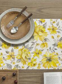 1pc Linen Table Runner With Yellow Flowers And Grey Leaves, Floral Gift Design Table Cloth, Suitable For Home, Restaurant And Dining Room, Table Decoration, Home Decor, Indoor And Outdoor Party Supplies - Multicolor - View 7