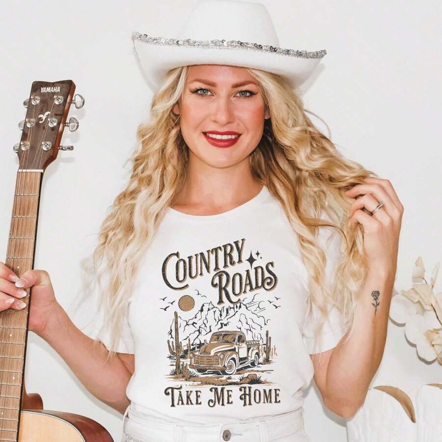 100% Cotton Country Music Shirt Country Song Shirts Boho Western Shirt Country Shirts Country Girl Shirt Nashville Shirts Cowgirl Shirt Farm Girl Shirt For Women Comfortable Top For Everyday Wear Designer Clothes Stretched Fashion Stylish Slightly Breathable Graphic Summer Print Round Neck Short Sleeve - White - View 1