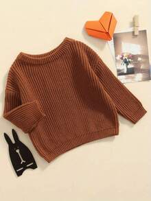 Suéter de punto para niñas de 0 a 3 meses, otoño e invierno, color liso, manga larga, cuello redondo - Marrón oscuro - Ver 2