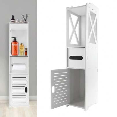 Lucn Modern Toilet Side Cabinet Bathroom Storage Cupboard Thin Cabinet Unit Shelf, With Exclusive Drawer For Toilet Rolls, Ideal For Placing Around Toilets And Basin Sinks, White PVC, 18*20*80 Cm, Floor Mounted, For Bathroom, Bedroom, Living Room, Kitchen, Office, Workshop, Toilet, Washroom, Salon, Cloakroom, Checkroom Etc. Number Of Layers: 3+1; Waterproof & Moisture-Proof, Oil-Proof & Flame Retardant, Beautiful Hollow Carving, Mortise And Tenon Joints, Easy Installation
