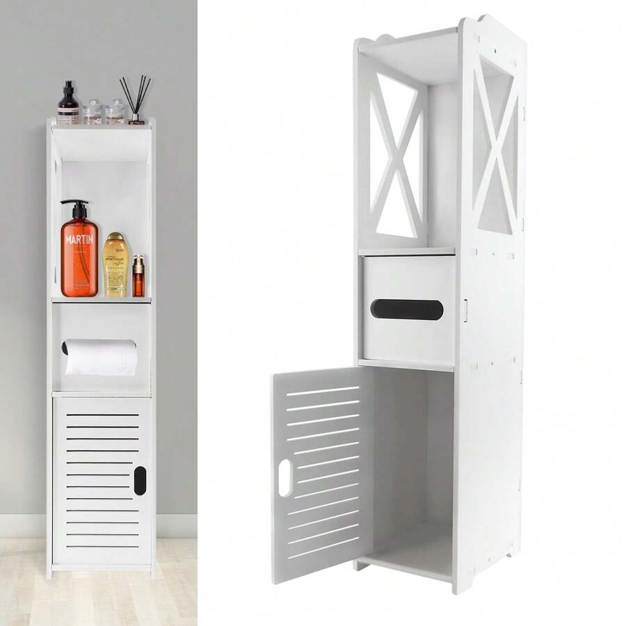 Lucn Modern Toilet Side Cabinet Bathroom Storage Cupboard Thin Cabinet Unit Shelf, With Exclusive Drawer For Toilet Rolls, Ideal For Placing Around Toilets And Basin Sinks, White PVC, 18*20*80 Cm, Floor Mounted, For Bathroom, Bedroom, Living Room, Kitchen, Office, Workshop, Toilet, Washroom, Salon, Cloakroom, Checkroom Etc. Number Of Layers: 3+1; Waterproof & Moisture-Proof, Oil-Proof & Flame Retardant, Beautiful Hollow Carving, Mortise And Tenon Joints, Easy Installation - 白色 - 查看 1