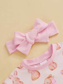 Baby Girls Easter Rabbit  Eggs Print Romper - Soft Cotton Outfit With Headband For Spring - Pink - View 5