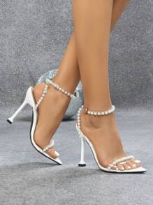 Ultra High Heel Pearl Pointy Toe Stilettos Sandals, White,Spring Summer Outfits - White - View 4
