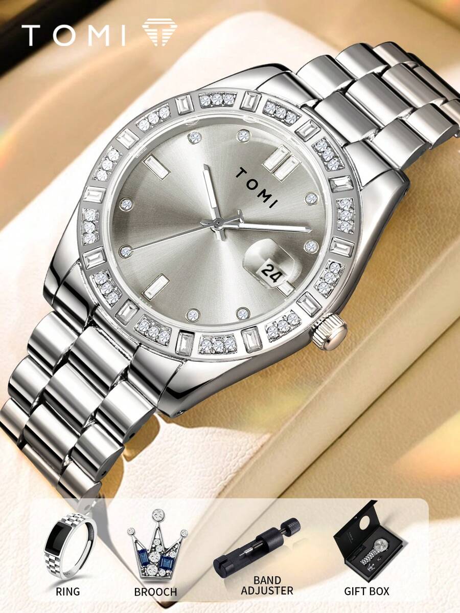 TOMI Men's Quartz Watch With Crown Brooch Ring Set, Minimalist Design With Rhinestone Dial, Zinc Alloy Strap, Gift Box For Daily Life, Business Events, Father's Day, Valentine's Day, Christmas, - White - View 1