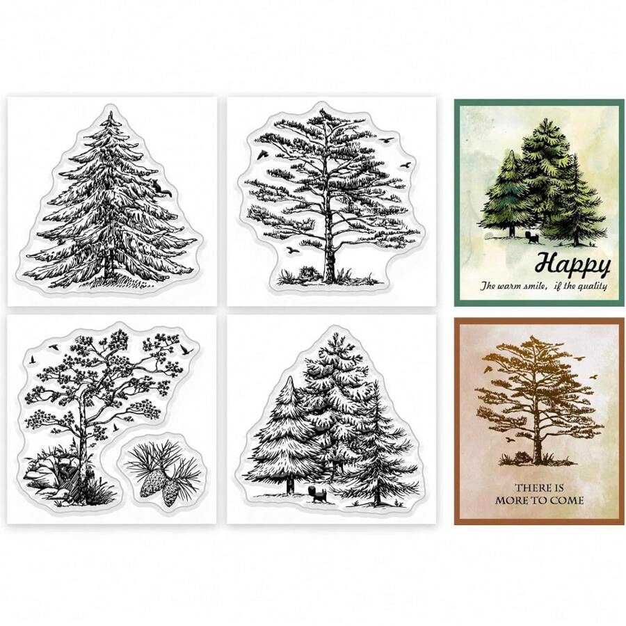 MAGICALCUTDIE 4Pcs Mini Pine Trees Clear Stamps For DIY Scrapbooking Mini Forest Pine Tree Silicone Stamp Seals Transparent Stamps For Cards Making Photo Album Journal Home Decoration - Black and White - View 1