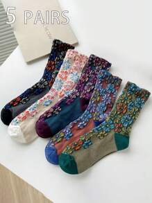 5 双复古花卉女士中筒袜，适合所有季节，春/秋季