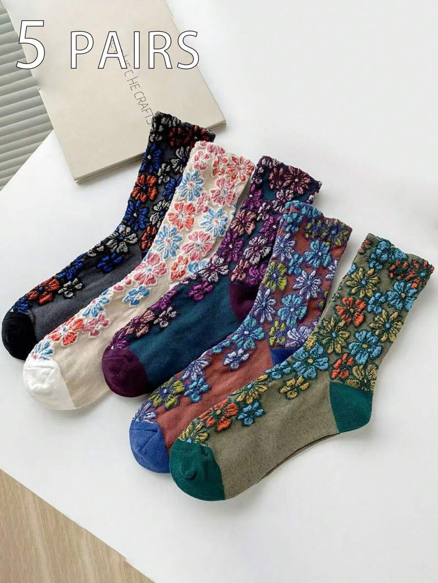 5 双复古花卉女士中筒袜，适合所有季节，春/秋季