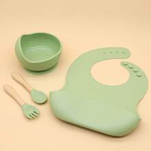 4 件套婴儿喂食餐具套装，硅胶围兜碗和训练勺叉，防污染，适合婴儿